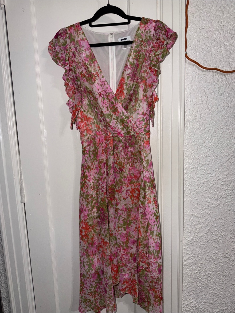 DKNY Pink & Green Floral Wrap Midi Dress